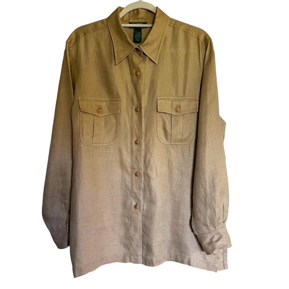 Lauren Ralph Lauren Tops - Lauren Ralph Lauren Tan Linen Long Sleeve Button Up Top Blouse Plus Size 16